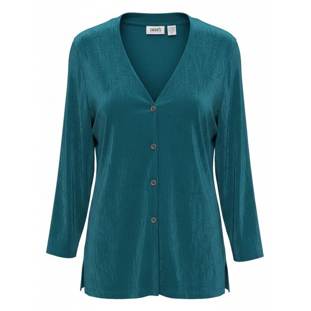 Chico’s Travelers Cardigan Top Womens M Teal Velvet Button Front Tunic